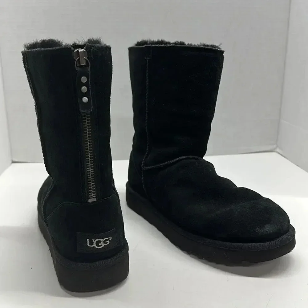 Ugg Boots Classic Short Zip Up Back Suede Shearling Lined Winter Boot Black 6